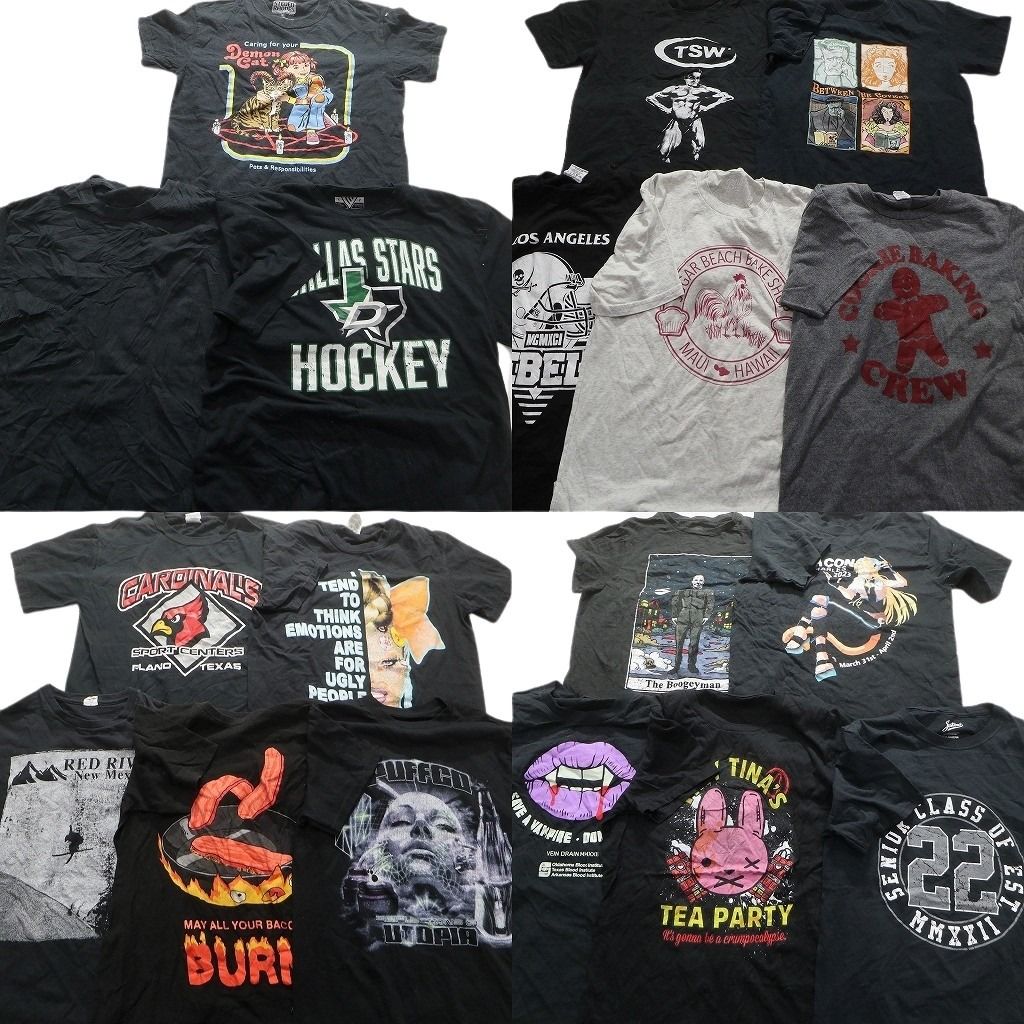 古着卸 黒 グレー ボディ プリント 半袖Tシャツ 18枚セット メンズ S 大判プリント スティーブンローズ 古着 NA1953