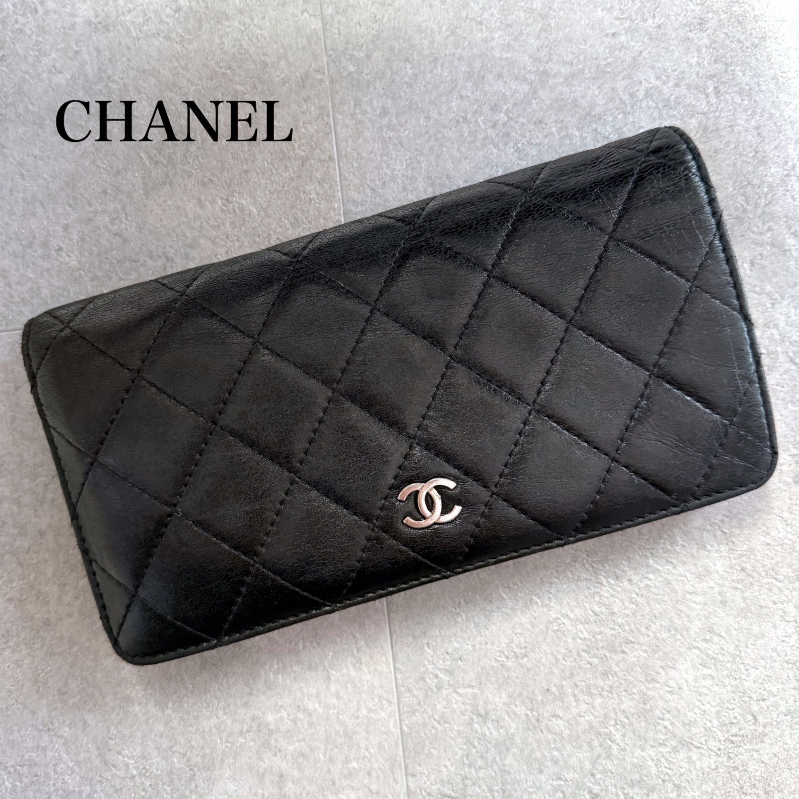 CHANEL 小物 CHANEL シャネル 長財布 二つ折り がま口 マトラッセ 黒 ラムスキン