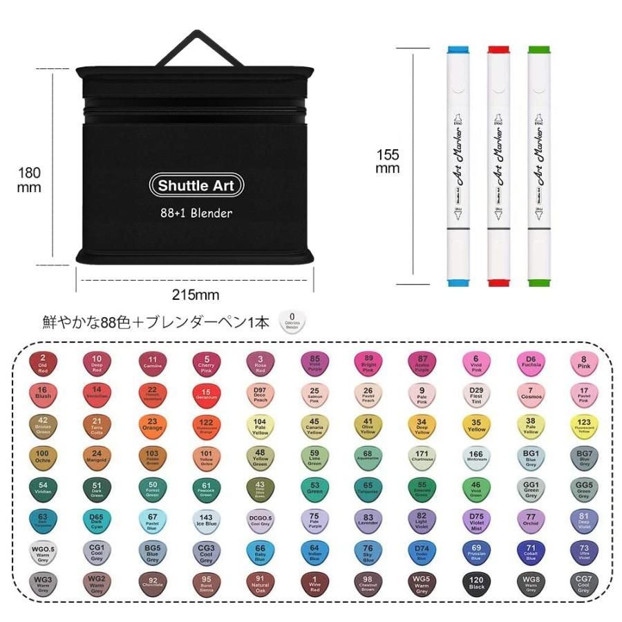 Shuttle Art イラストマーカー 88色 ペンセット 油性 ブレンダーペン付き 太細両端 防水速乾 色褪せしにくい キャリングケース付き 手