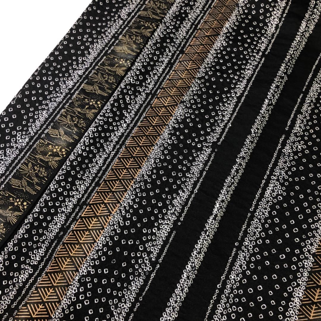 小紋 絞り 縦縞模様 金彩 花柄 鳳凰 黒色 しつけ糸 K-4781