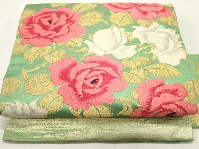 平和屋着物●アンティーク 大正ロマン 九寸名古屋帯 唐織 薔薇 バラ 淡萌葱色 金糸 正絹 DAAW6847ob