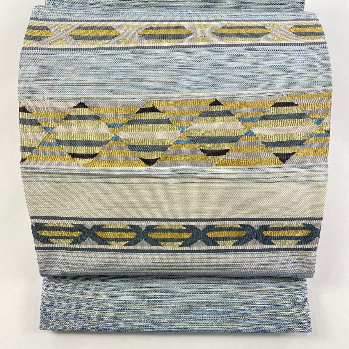 袋帯 名品 縞 菱 金糸 青灰色 お太鼓柄 正絹