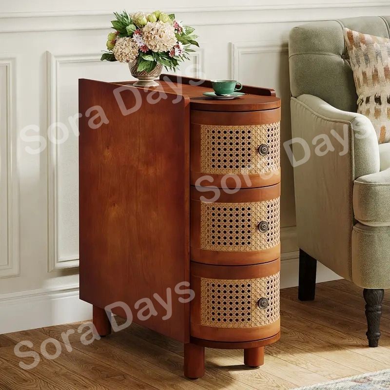 サイドテーブル ラタン ヴィンテージ スタイル スリム 引き出し付き