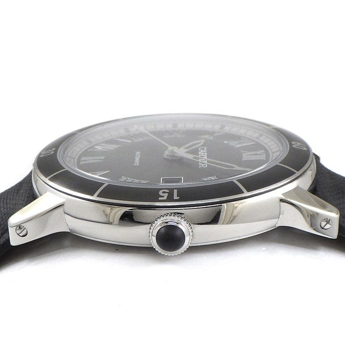 カルティエ Cartier 腕時計 ロンド クロワジュール SRN0003 デイト ブラック ヴァーグ ギョーシェ文字盤 SS ブラック ファブリック|レザー トワルストラップ 自動巻き