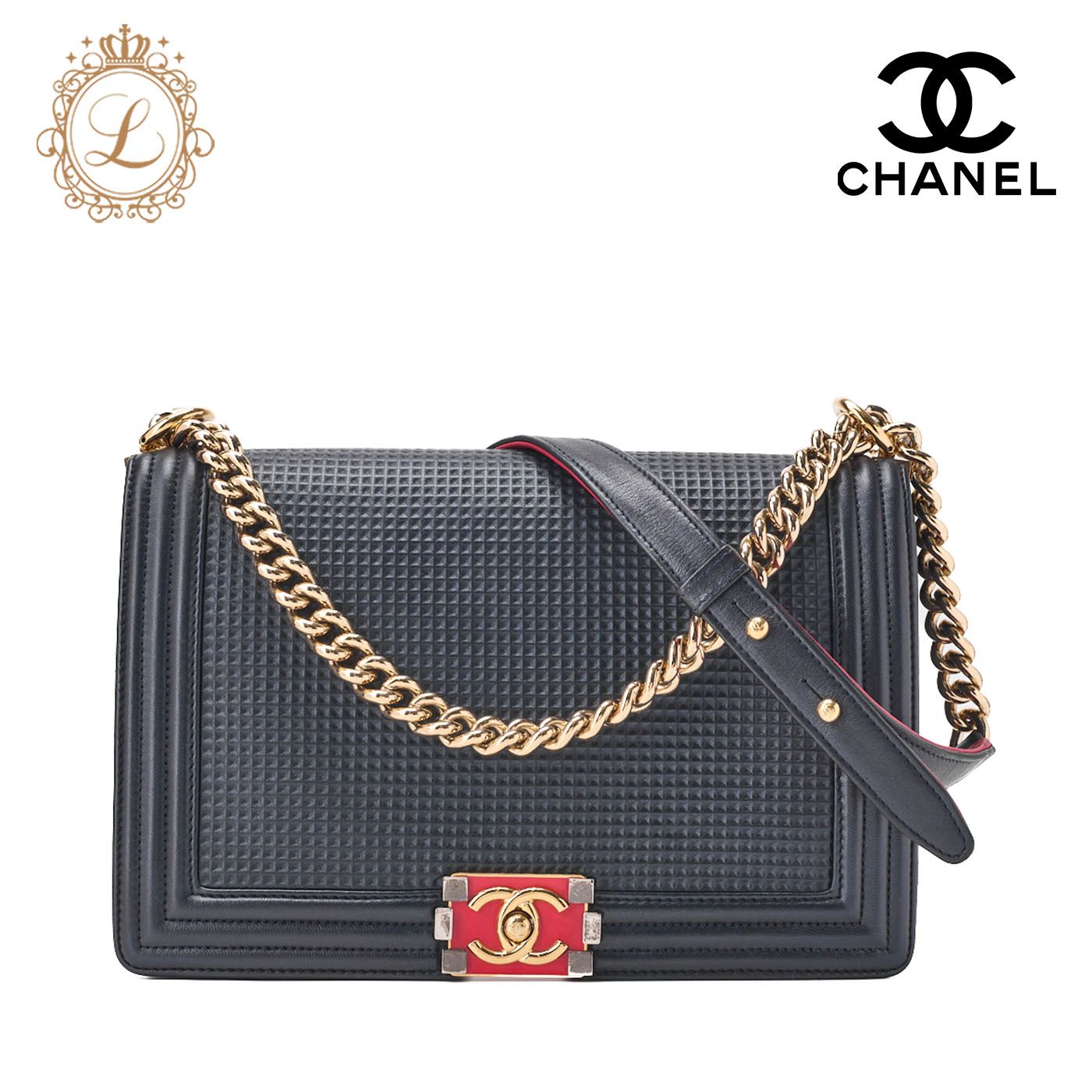 CHANEL シャネル ボーイシャネル パンチングデザイン チェーンショルダー ラムスキン ネイビー×赤 ラージサイズ ゴールド金具 レディースバッグ ショルダーバッグ ハイブランド 送料無料