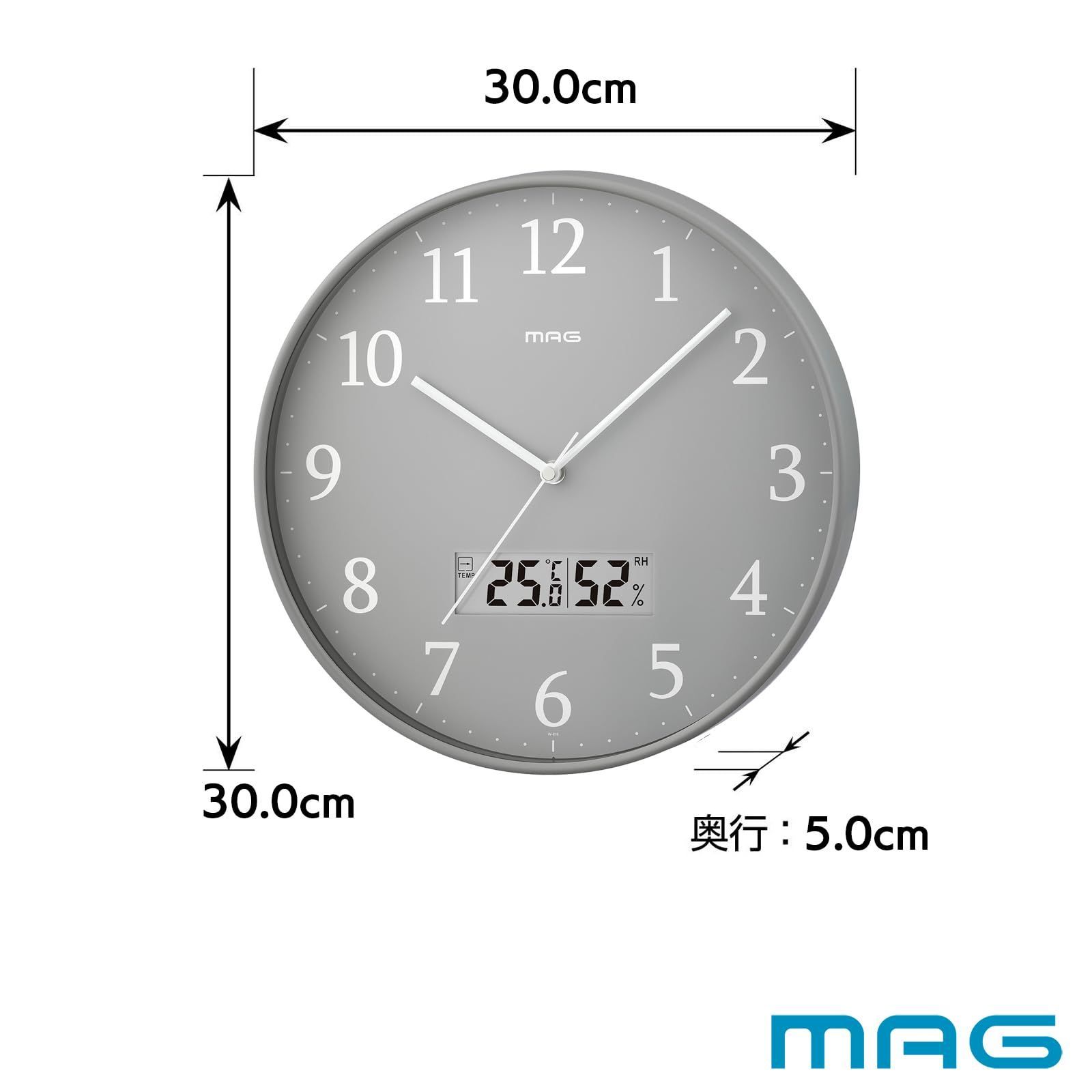 【新着商品】温度計 湿度計 温湿度計 電波時計 おしゃれ かわいい アナログ シンプル インテリア 壁掛け時計 直径30.0㎝ 夜間秒針停止 グレー 掛け時計 グリージョ W-816 MAG(マグ) GY-Z ノア精密