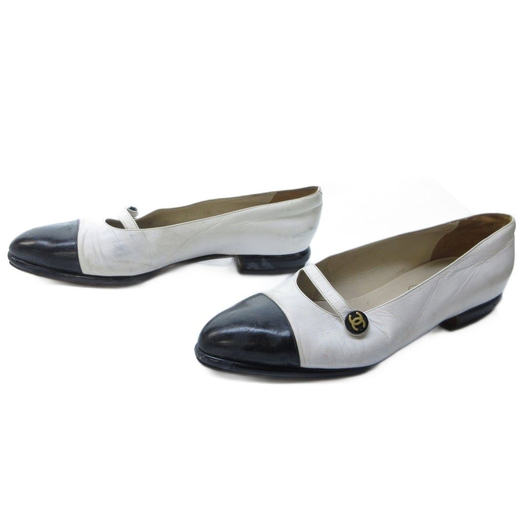 シャネル CHANEL ローファー モカシン ココマーク ラウンドトゥ バイカラー 白 ホワイト 黒 ブラック 約24cm IBO81