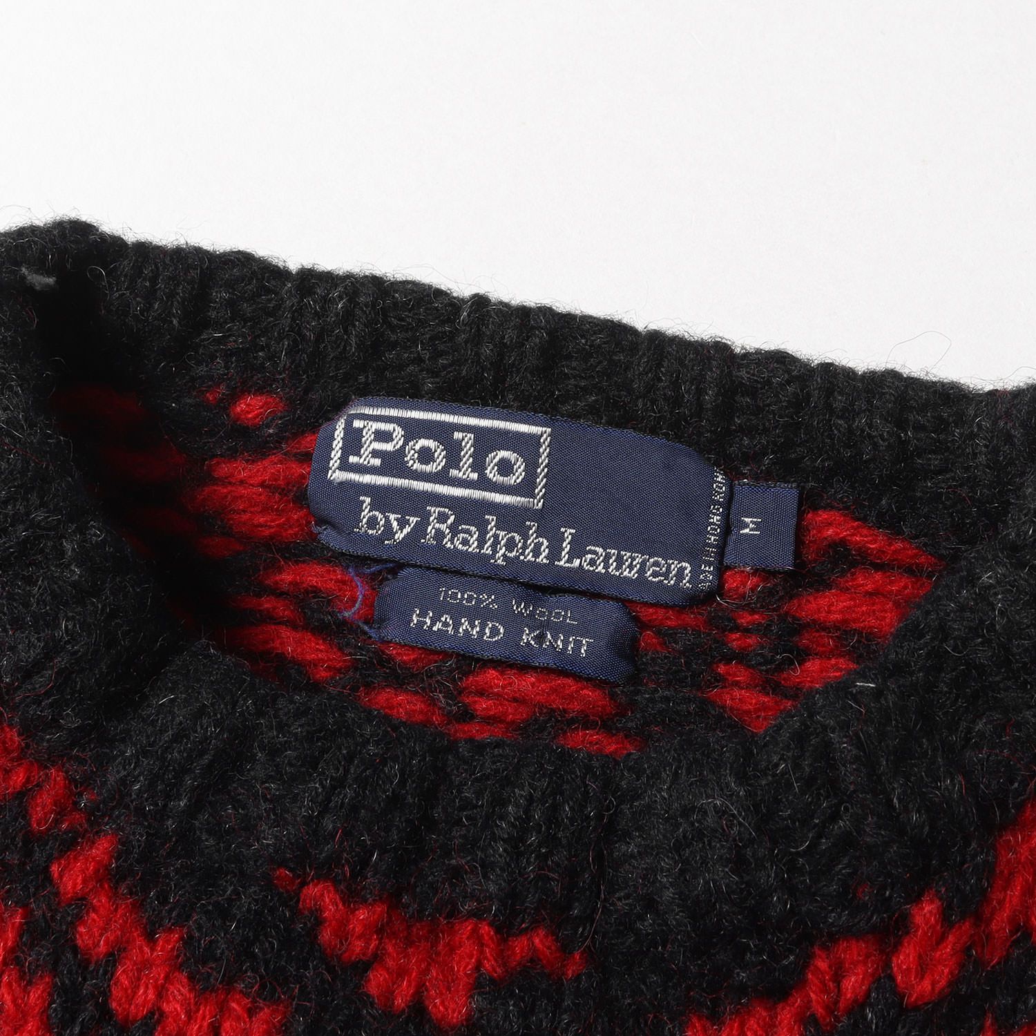 POLO Ralph Lauren ポロ ラルフローレン ニット サイズ:M 90s ノルディック ハンドニット ウール セーター 香港製 レッド  ブラック 赤黒 トップス カジュアル アメカジ 90年代 古着