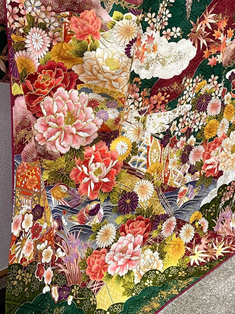 振袖 金駒 金彩 刺繍 御所車 四季の花々 紋意匠 正絹 ガード加工済 