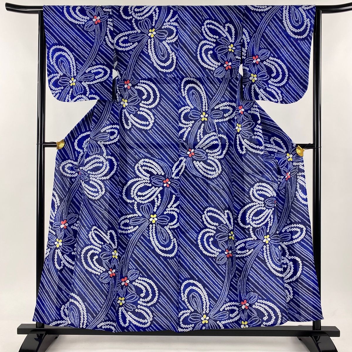 浴衣 身丈157.5cm 裄丈64cm 絞り浴衣 草花 斜縞 絞り 青 綿 名品