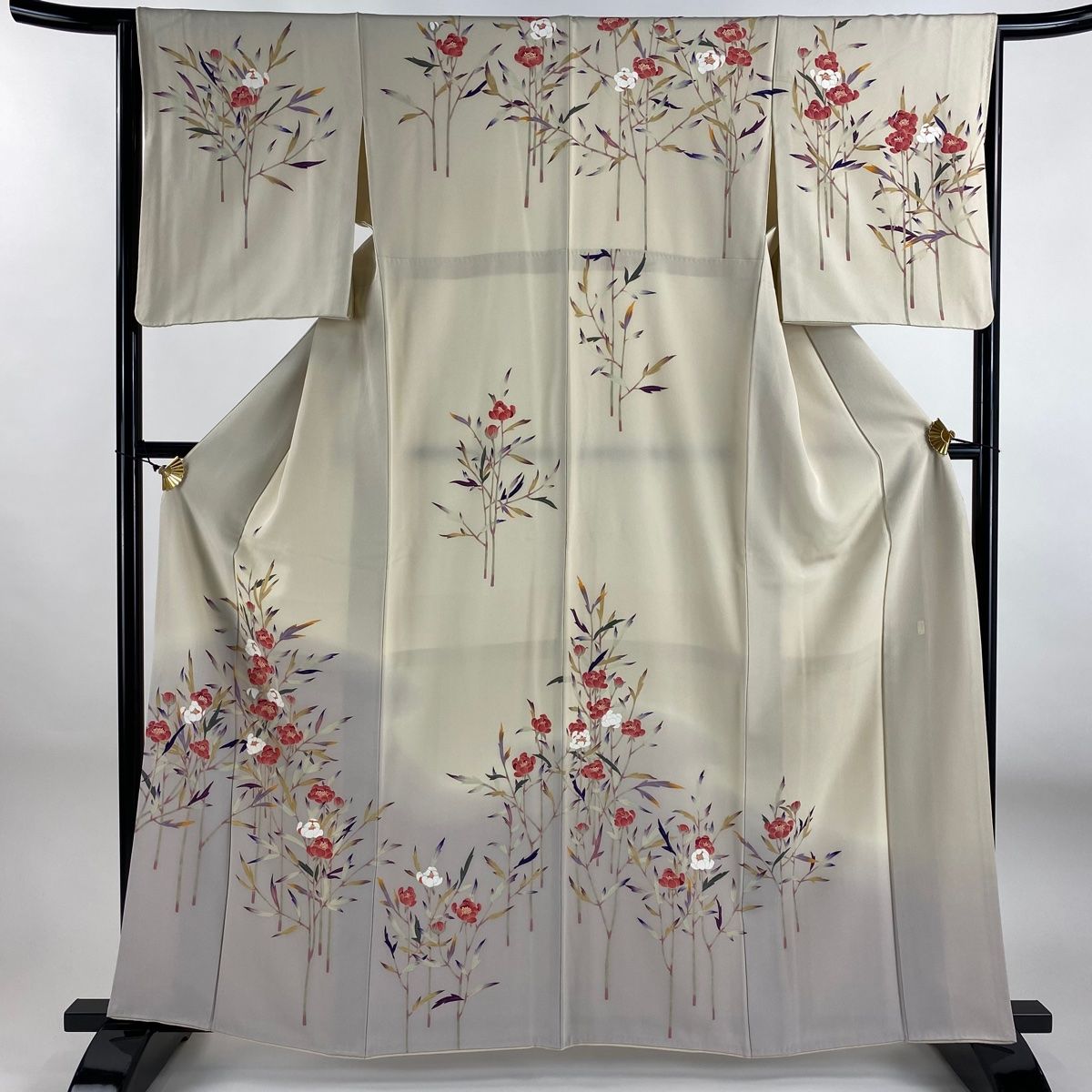 訪問着 身丈161.5cm 裄丈64.5cm M 袷 落款 草花 霞 染め分け ぼかし クリーム 正絹 秀品