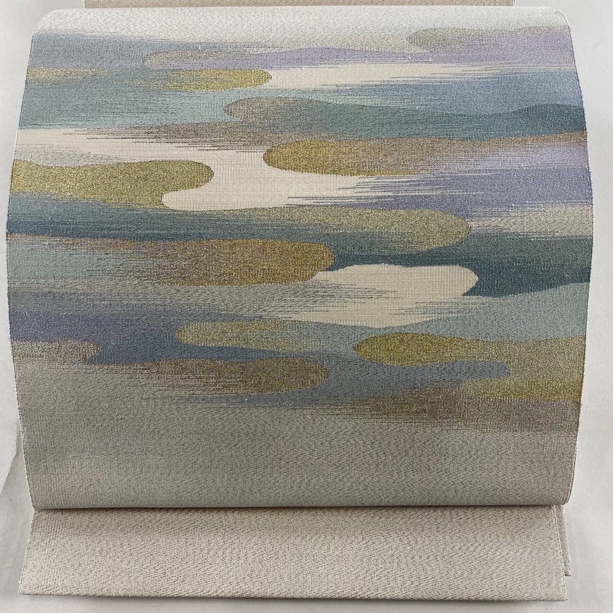 名古屋帯 秀品 八寸名古屋帯 松葉仕立て トンネル仕立て 霞 金銀糸 綴れ 灰白 正絹