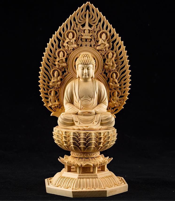 極上品★総檜材 仏教工芸品 木彫仏教 精密彫刻 阿弥陀如来座像 高さ28cm