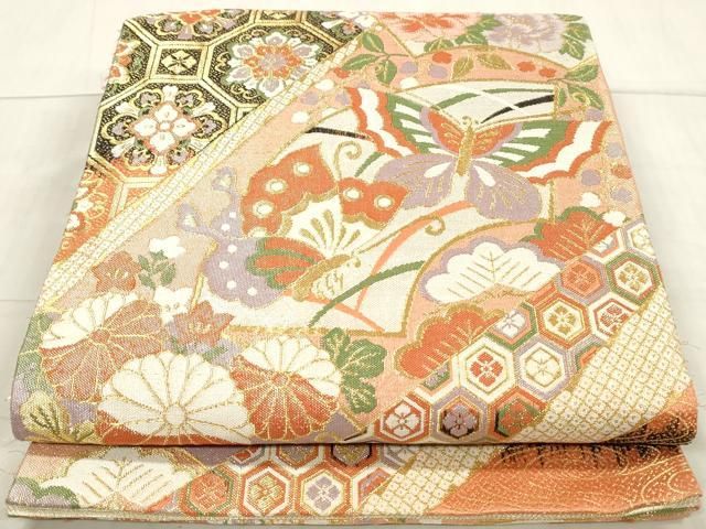 平和屋着物◎佐賀錦 両面 六通柄袋帯 地紙花蝶文