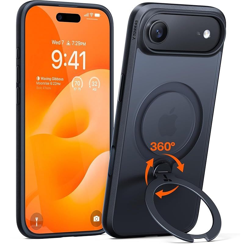 TORRAS iPhone Air 用 ケース 多機能一体 360°新定点回転スタンド Magsafe対応 カメラコントロールボタン 高耐久性 耐衝撃 ゼンマイ式スタンド リング 縦横両対応 マグネット搭載 急速充電対応 指紋防止 Ostand Q3 Spi
