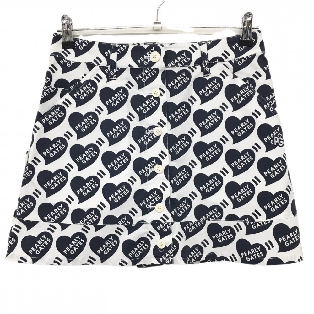美品 パーリーゲイツ ハート 総柄 スカート ミニ ゴルフウェア スポーツ 人気 新品】パーリーゲイツ スカート 白×ネイビー ハートロゴ総柄