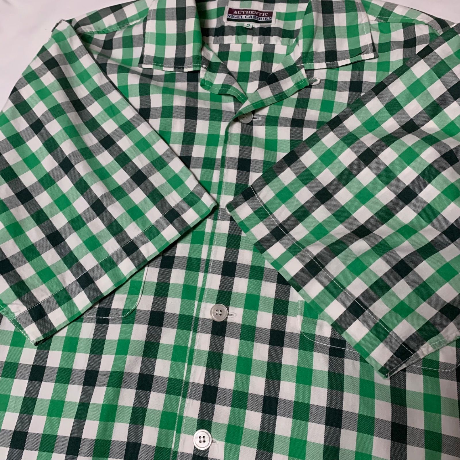 90s NIGEL CABOURN S/S Open Coller Check Shirt ナイジェルケーボン オープンカラーチェックシャツ 開襟シャツ 半袖 グリーン ホワイト ブラック サイズ2 日本製 アングローバル期 ハンガーループ ピスタグ