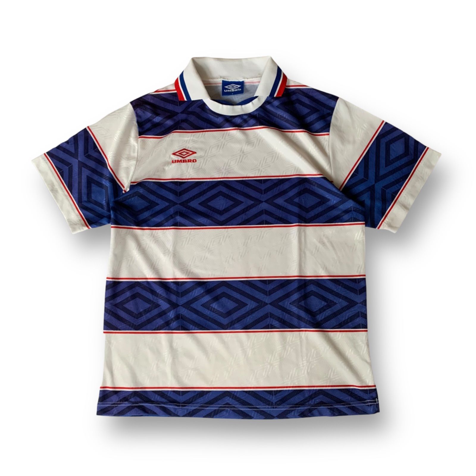 90s UMBRO S/S Football Game Shirt アンブロフットボールシャツ ゲームシャツ 半袖 ホワイト ブルー レッド Lサイズ  ロゴ刺繍 ボーダー Y2K ブロークコア フットボール サッカー ストリート アクロス