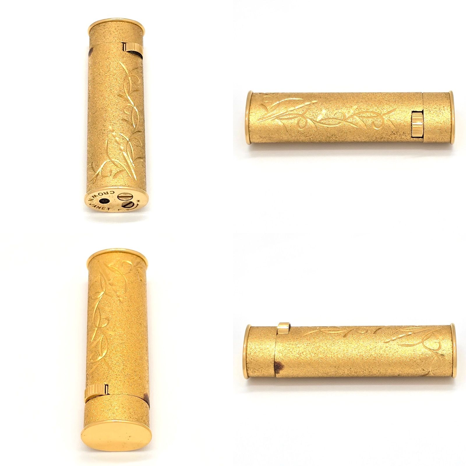 CROWN クラウン JANET ジャネット ガスライター ゴールド メタル 砂目加工 蔦の彫刻 着火未 現状品 ケース 63.9g レトロ ヴィンテージライター