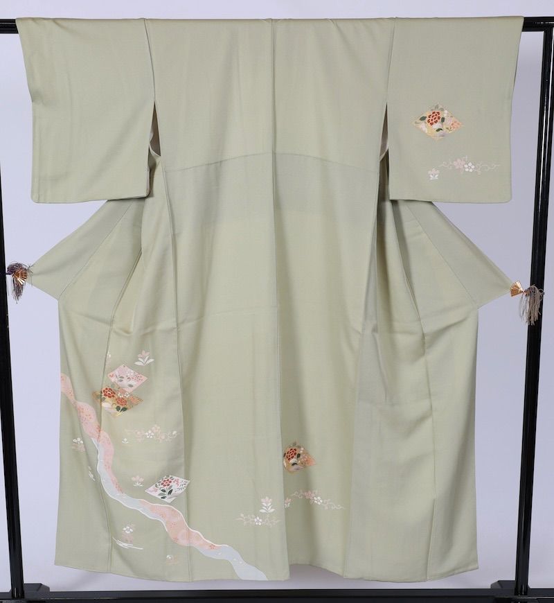 訪問着 若草色 ゴールド 緑 ブルー 桜色 花 京友禅 T513 - メルカリ 