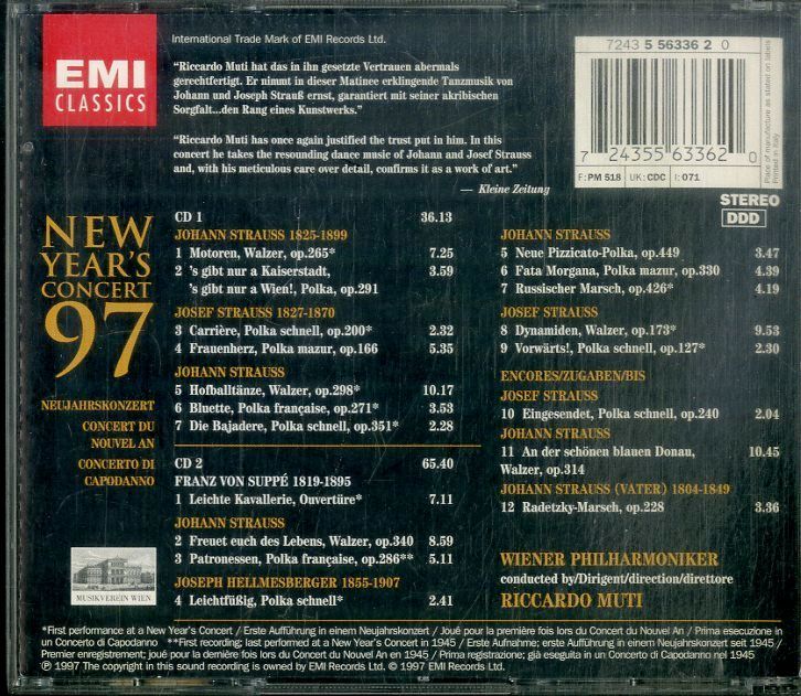CD2枚 / リッカルド・ムーティ(指揮) / New Years Concert 1997 (1997年・7243-5-56336-2-0) /  D00162243 - メルカリ