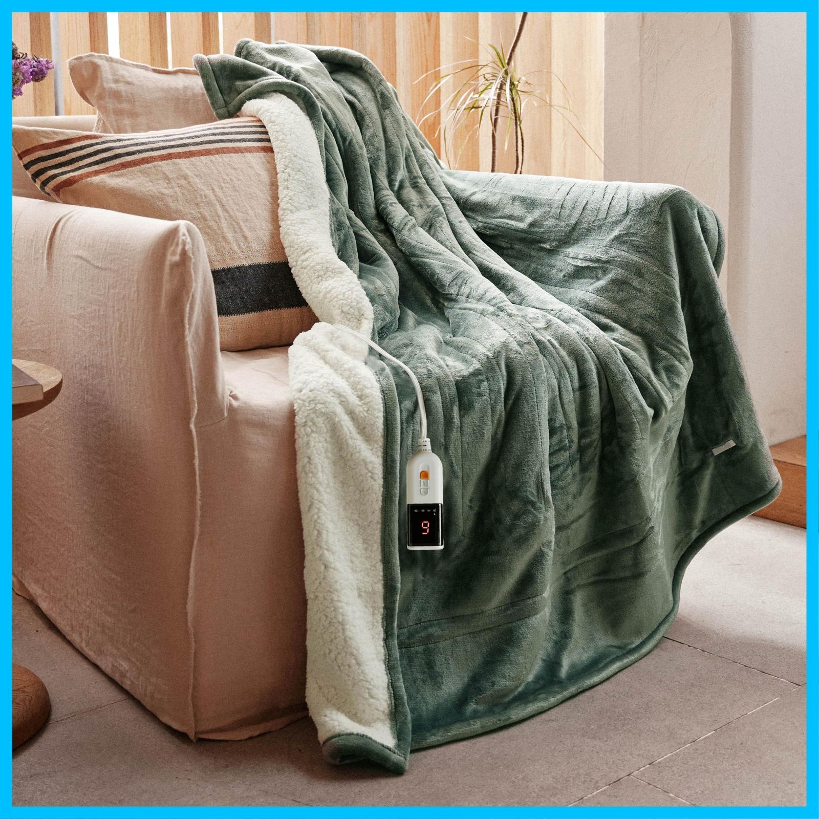 在庫処分 180×130cm - フランネル電気ブランケット 6段階温度調整 掛け敷き兼用 10時間自動停止タイマー付 速暖 電気毛布 節電 丸洗い GOTCOZY 暖房器具 防寒対策 グリーン