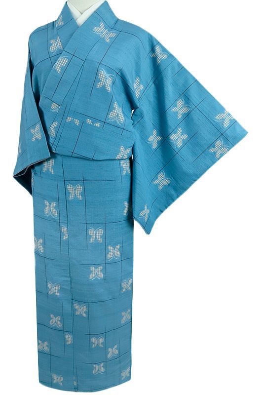 中古 紬 縹紬 京都 千切屋 水色 青 格子 蝶 正絹 着物 仕立て