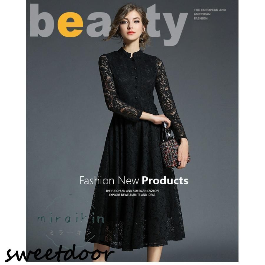 ワンピース 結婚式 パーティードレス ドレス ロングドレス 総レース 長袖 Aライン マキシ丈 レディース 二次会ドレス 黒 パーティドレス 上