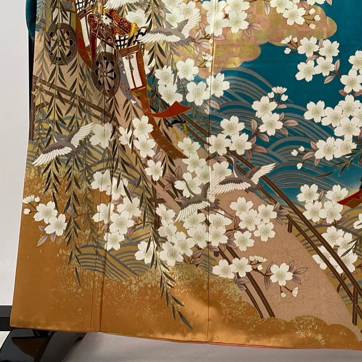 振袖 身丈164cm 裄丈67cm M 袷 御所車 桜 金糸 金彩 緑 正絹 秀品