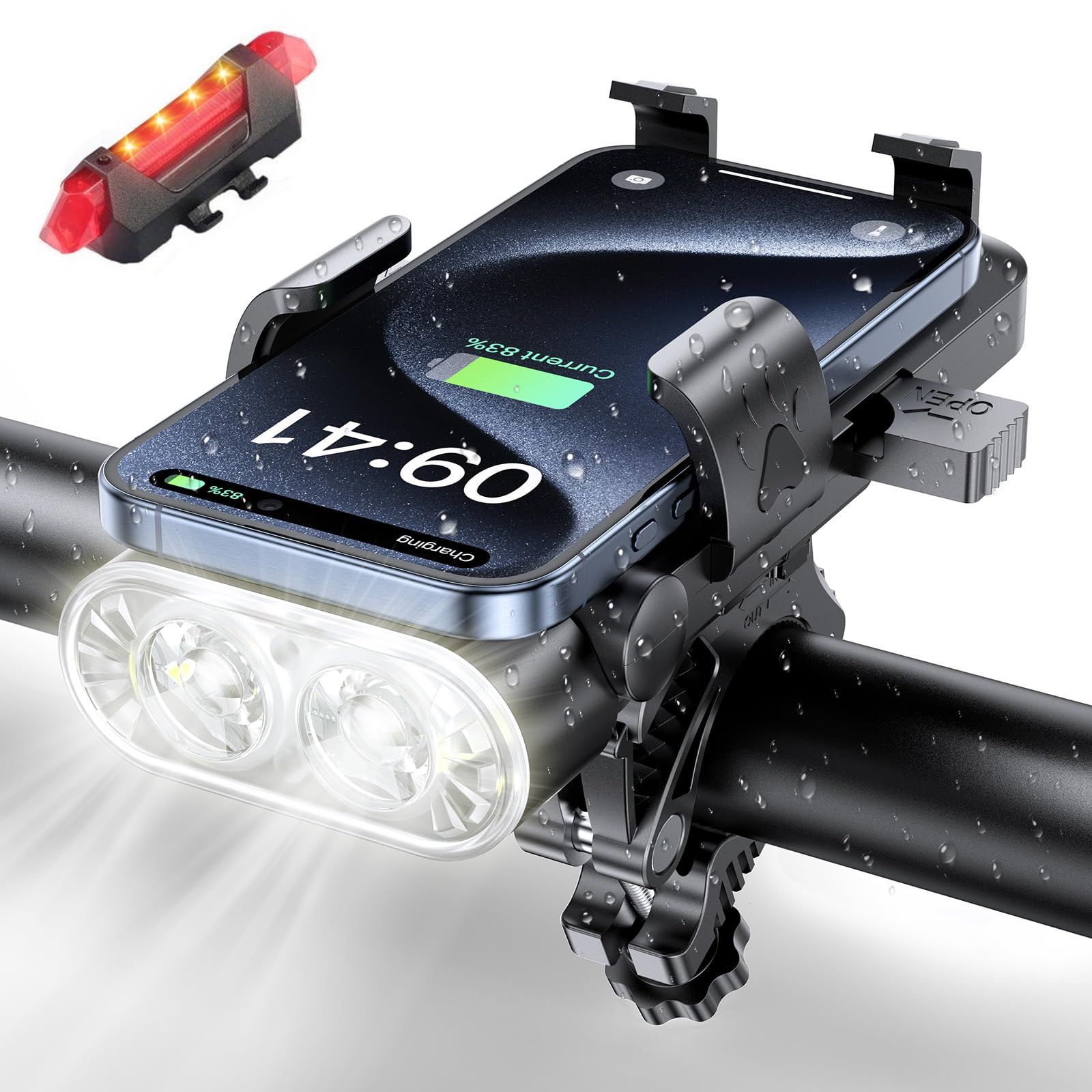 Leafutt 自転車 ライト 充電式 ロードバイク テールランプ 最強 サイクルライト スマホ 大容量 強航続 LEDヘッドライト 4つ調光モード 4in1多機能 高輝度 USB充電式 防振 脱落防止 60-85mmスマホ対応 懐中電灯 登山 夜釣り