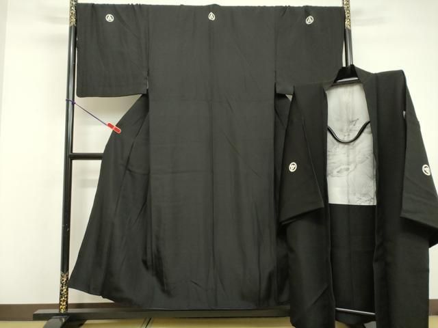 平和屋着物●男性 黒紋付 羽織セット 正絹 tw