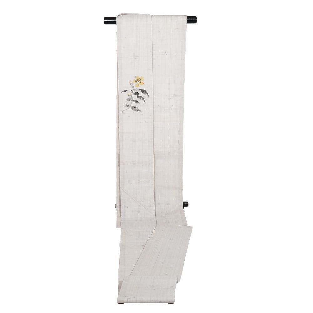 絹芭蕉 名古屋帯 正絹 ライトグレー 手描き 花柄 N3029 未使用品
