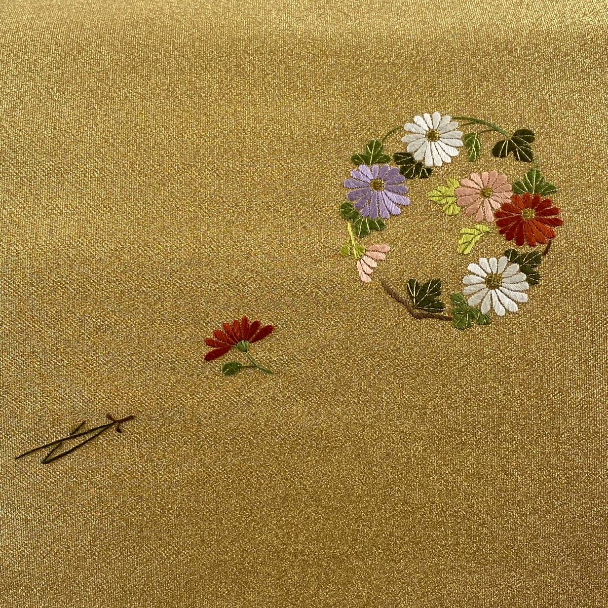 R7SK500 袋帯 相良刺繍 ゴールド オレンジ ピンク 花 亀甲 お太鼓柄