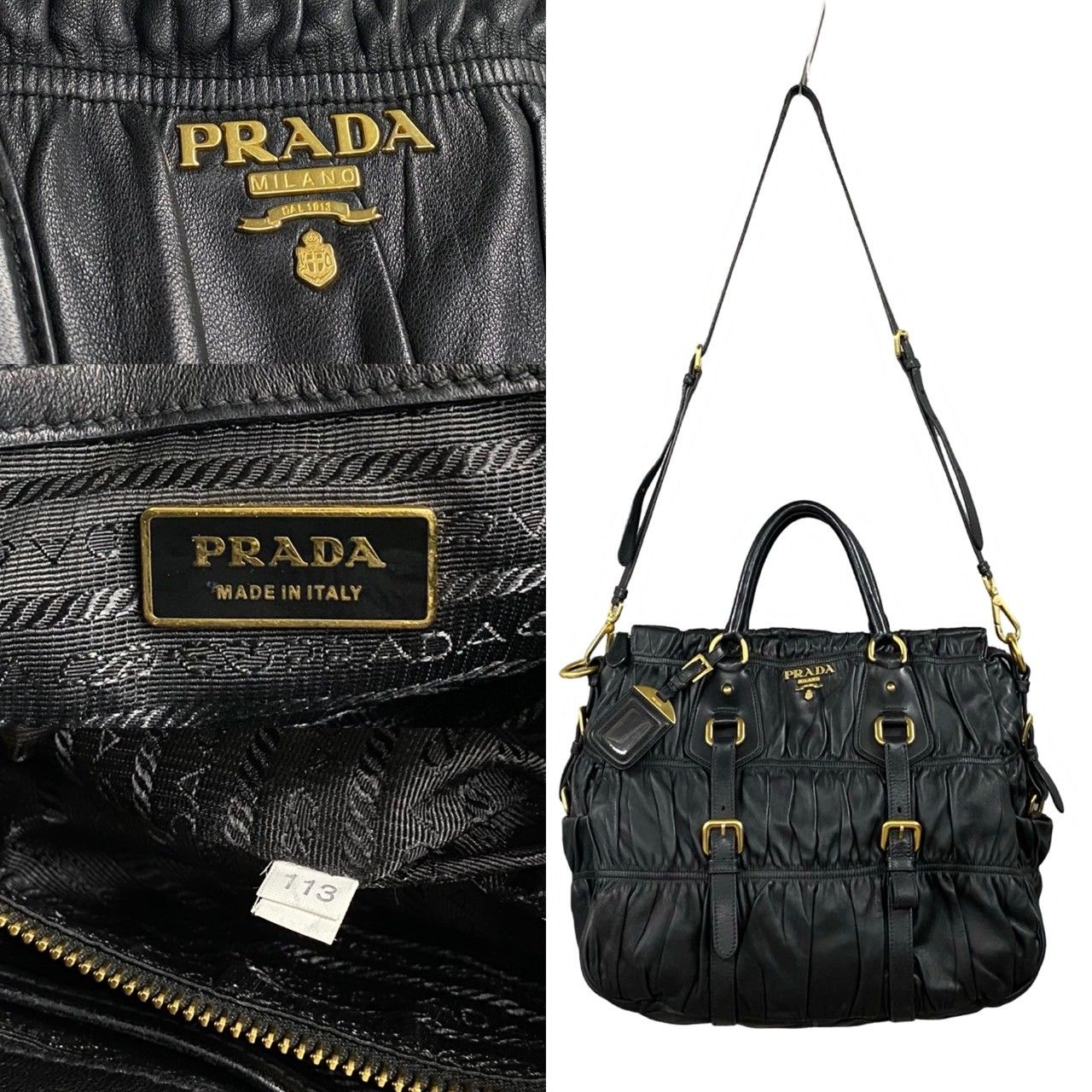 PRADA ブラック ボストンバッグ　極美品 極 美品 袋付き PRADA プラダ ロゴ 金具 ギャザー レザー 本革