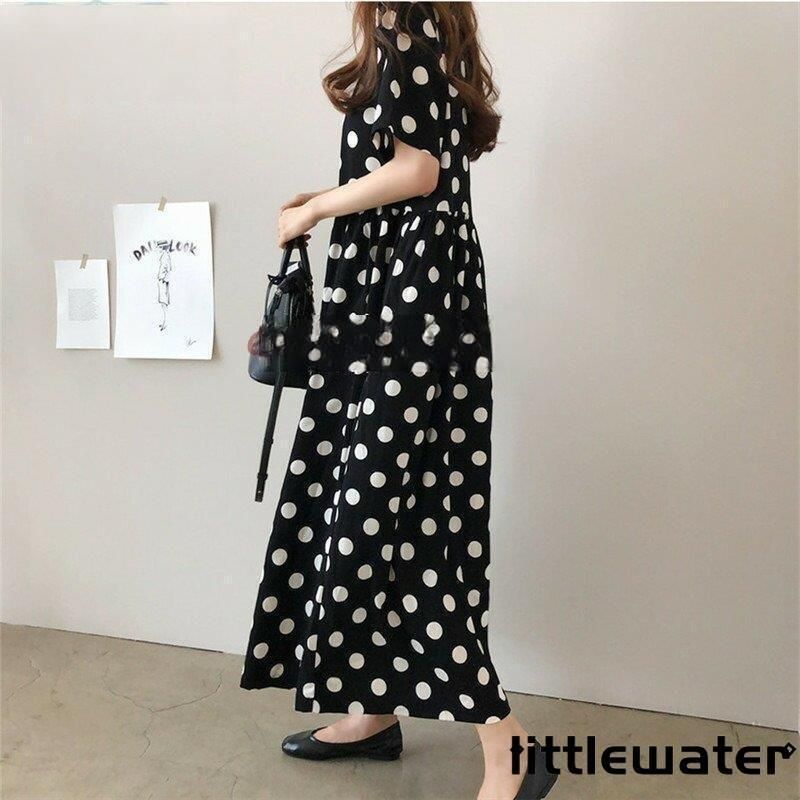 ドット ワンピース ロング丈 水玉 ガーリー 半袖 リゾート カジュアル デート服 ラウンドネック ゆったり 楽ちん 締め付けなし フェミニン