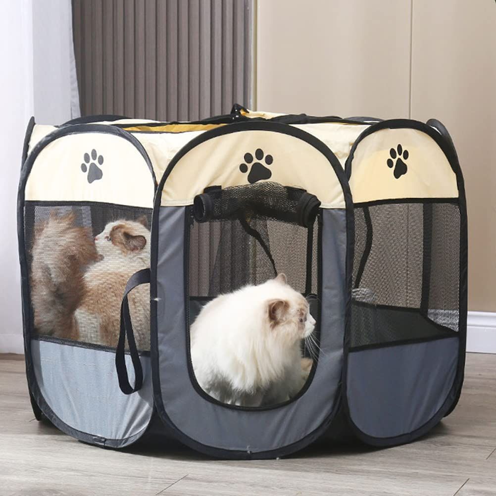 Lサイズ_グレー ペットサークル 折りたたみ 八角形サークル 犬用ケージ 猫用ケージ ペットハウス ペットテント プレイサークル ポータブル ペット用ケージ 猫の分娩室 軽量 通気性 防水 屋