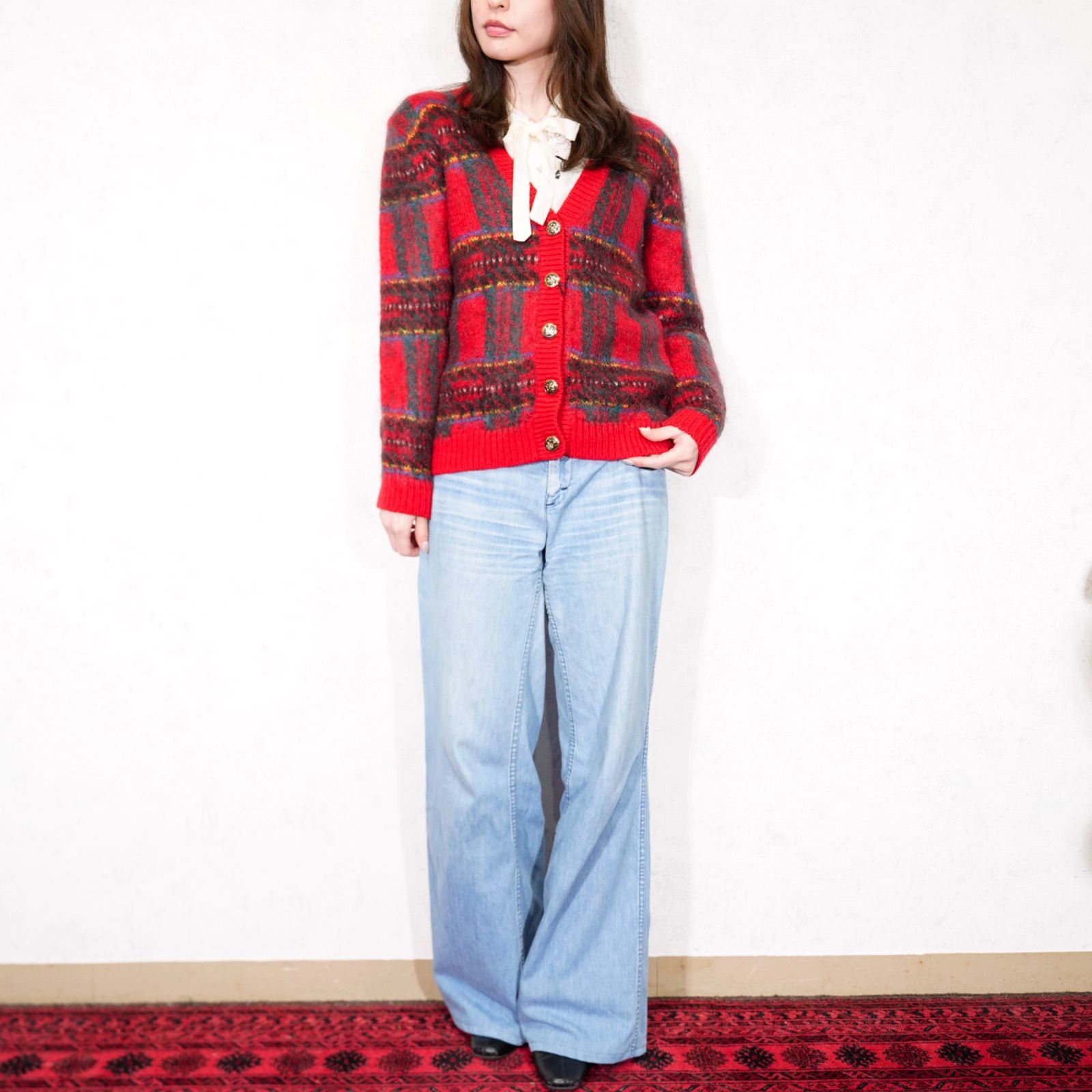 アメリカ古着チェック柄デザインモヘアニットカーディガン