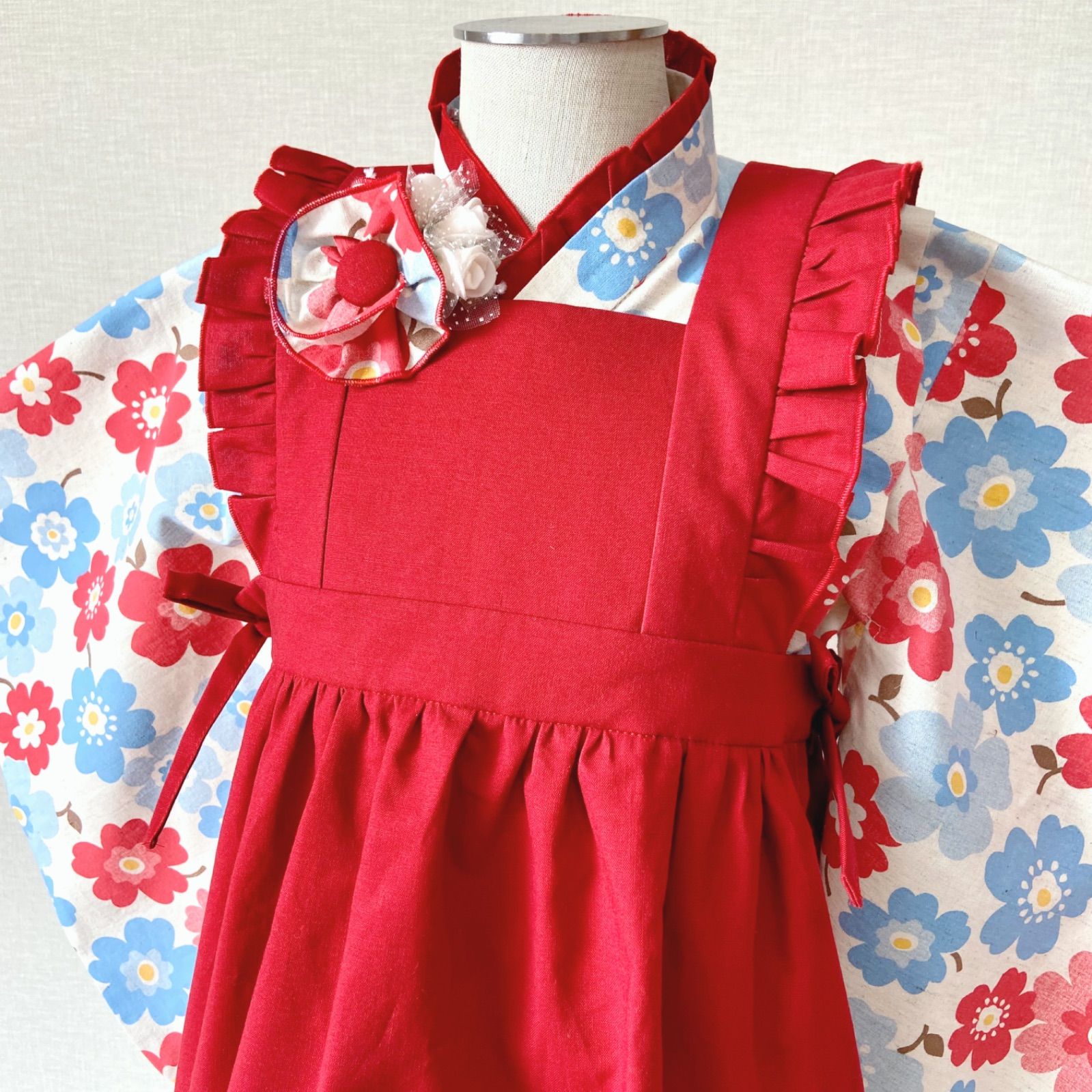 3歳お着物セット フリル被布 花柄×レッド ハンドメイド-