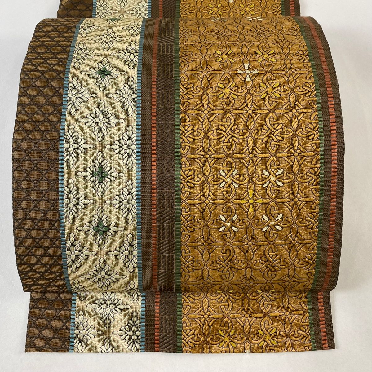 名古屋帯 秀品 八寸名古屋帯 松葉仕立て 縞 七宝 茶色 正絹