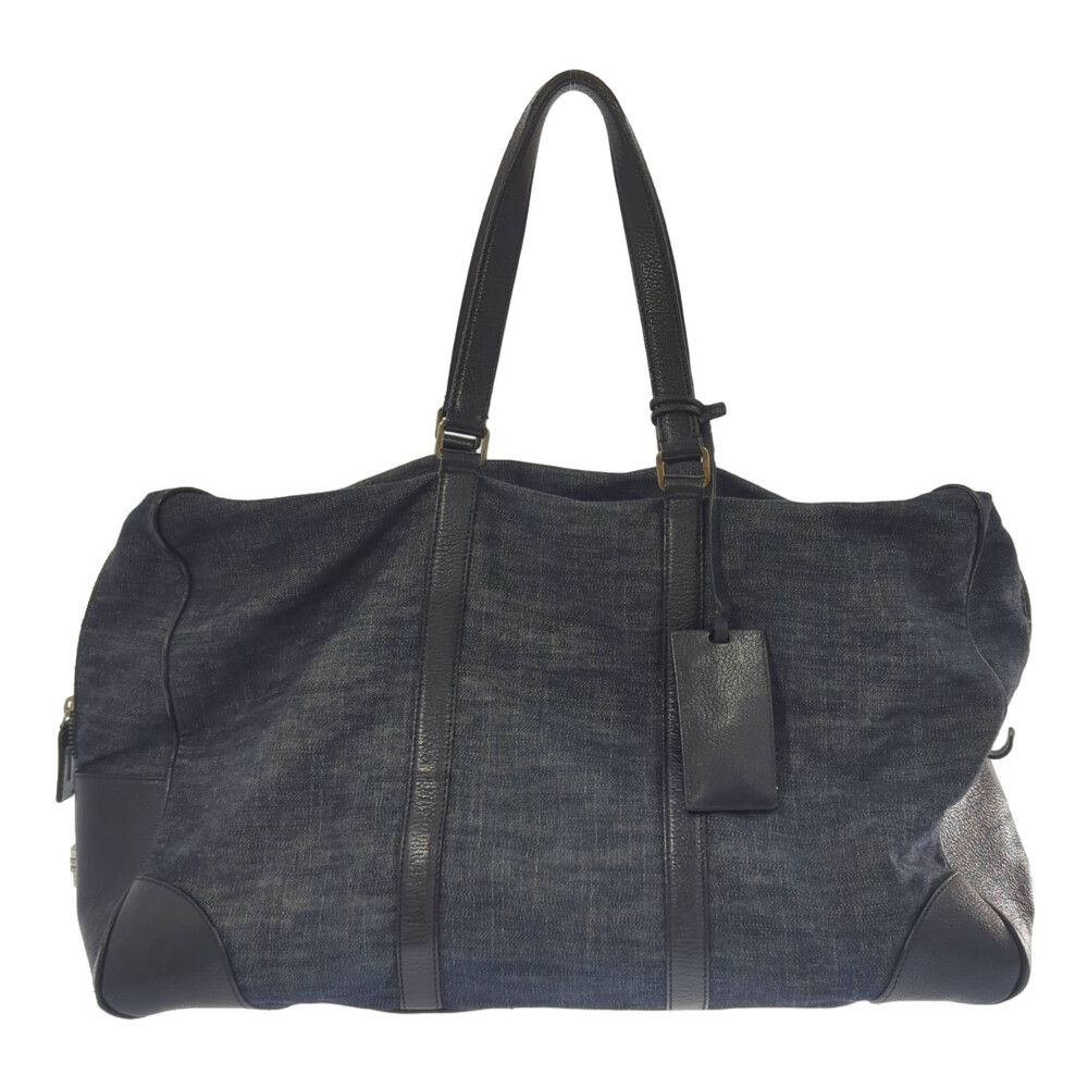 PRADA プラダ デニム×レザー 三角プレート ボストンバッグ 旅行鞄