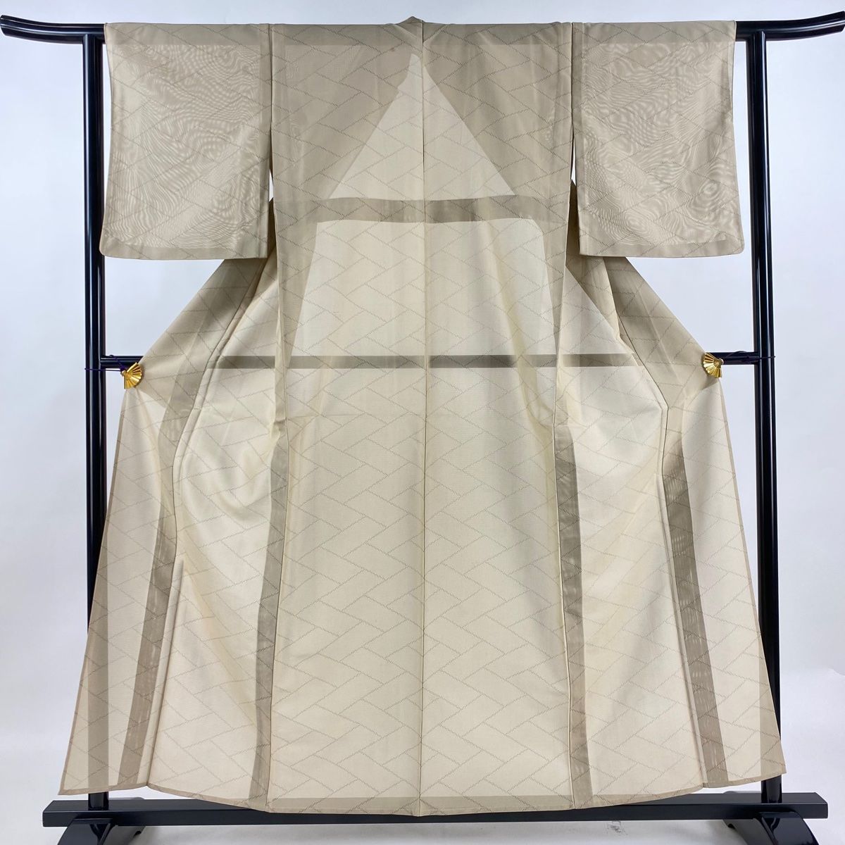 お召 身丈157cm 裄丈61cm S 薄物 檜垣文 灰茶 正絹 秀品