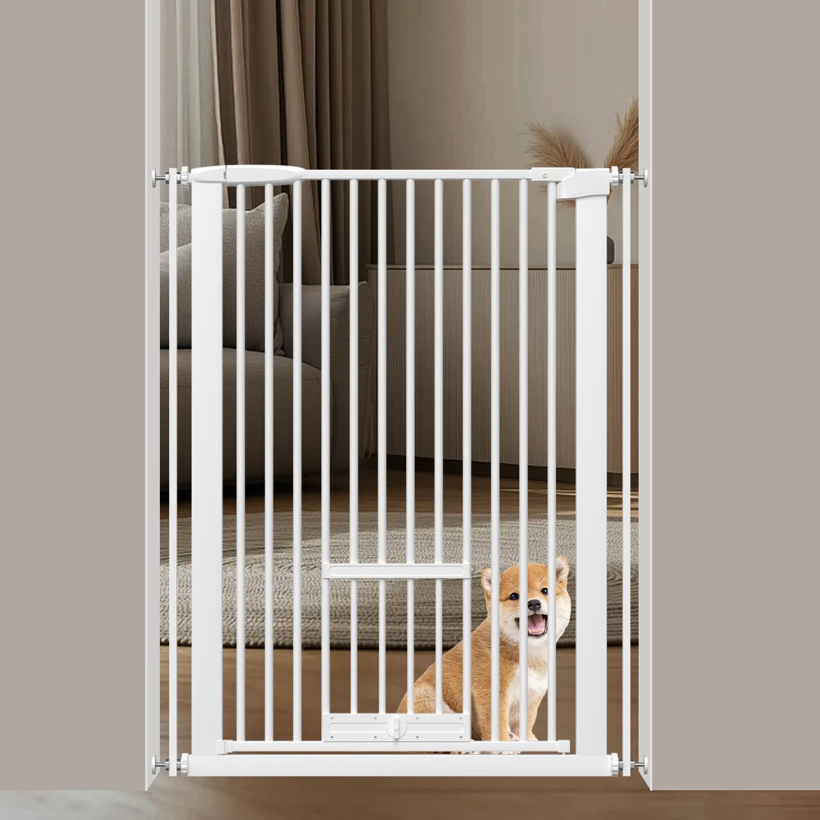 新着商品 Foreng ペットゲート ペットドア付き 猫ドア付き 高さ103cm 猫ゲート 間隔3.5cm 過密フレーム付き ペットゲート ハイタイプ ベビーゲート 突っ張り式 ホワイト77-86CM