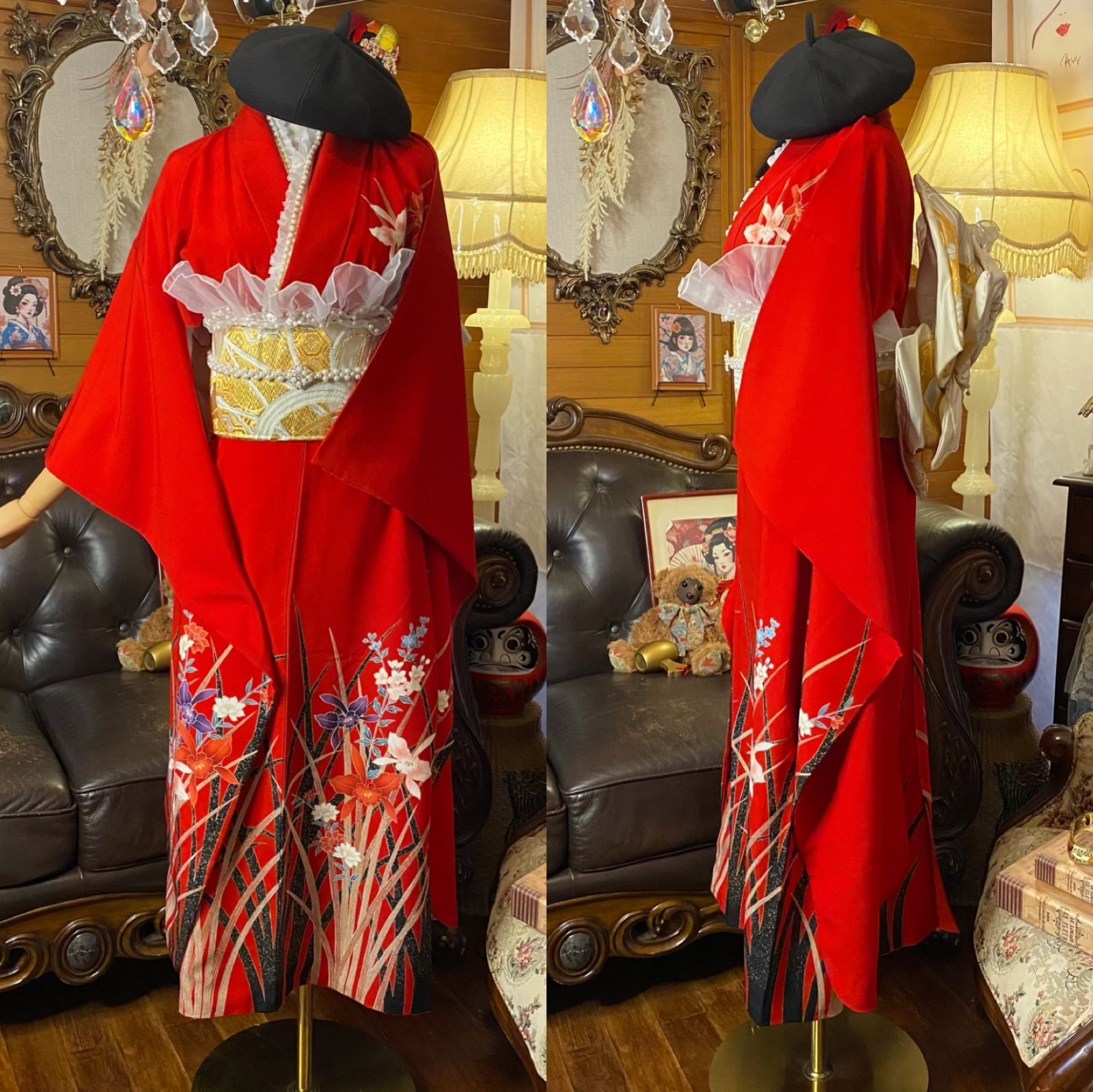 着物リメイク　振袖　人物花文　ロングワンピース 振袖 着物 ロングワンピース ドレス 2部式ローズ/バラ作り帯 リメイク