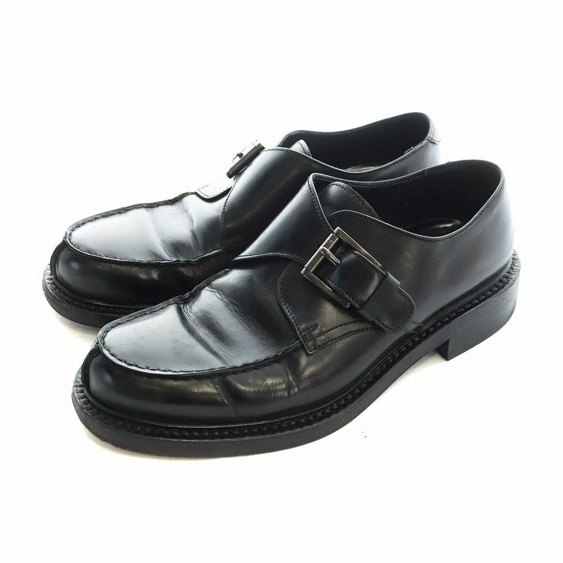 プラダ PRADA ビジネスシューズ 靴 モンクストラップ レザー ベルト 8.5 27.5cm 黒 ブラック GY04 |MQ OH