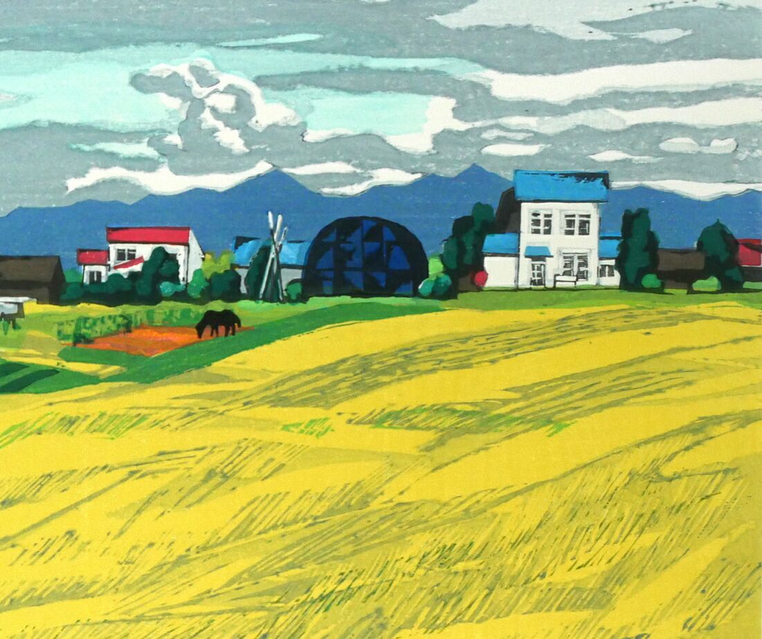 北岡文雄　作品　絵　海の見える農場 北岡 文雄「海の見える農場」木版画・限定サイン入り 春陽会会員 道立