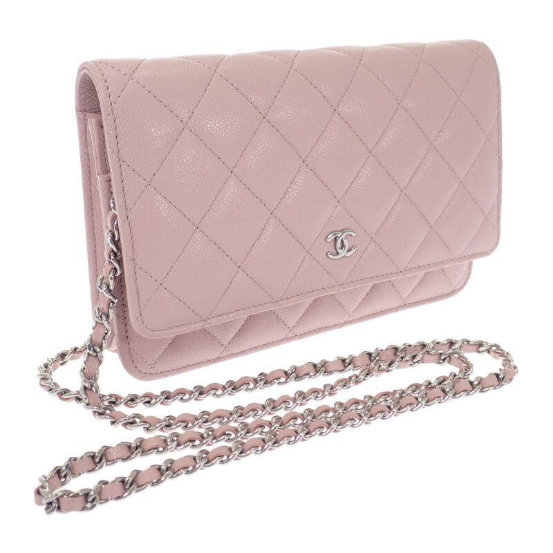 CHANEL クラシック ショルダー ウォレットチェーン キャビアスキン ピンク シルバー金具