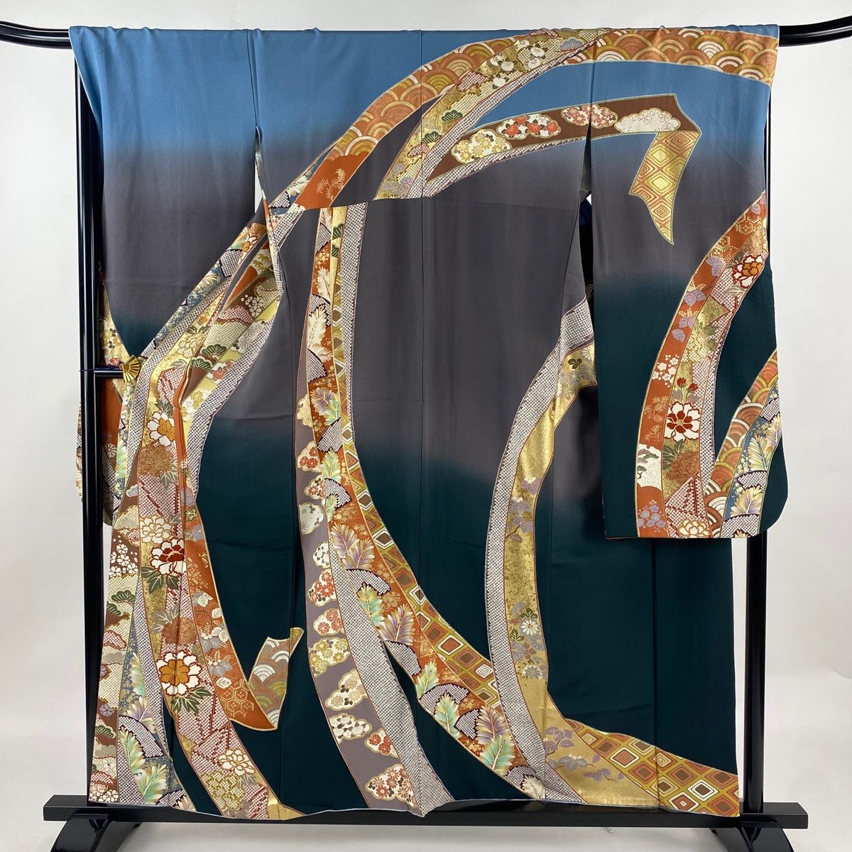 振袖 身丈157cm 裄丈68cm L 袷 熨斗 草花 金銀彩 深緑 正絹 名品