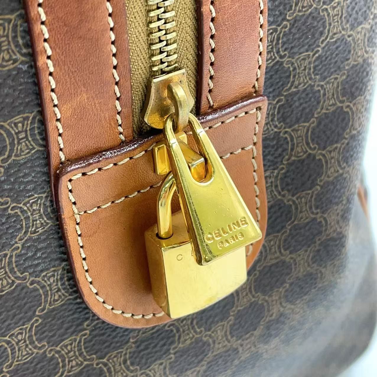 CELINE】2wayボストンバッグ マカダム柄 ゴールド金具 ダークブラウン