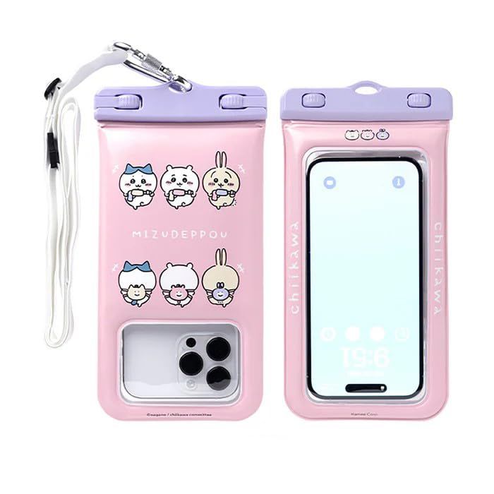 DIVAID ちいかわ ワイドサイズ 防水ケース ショルダーストラップ (水鉄砲)【 iPhone Android 各種スマートフォン対応 水に浮く フローティング 防水 防塵 IP68 ちいかわ ハチワレ うさぎ】 [水鉄砲]