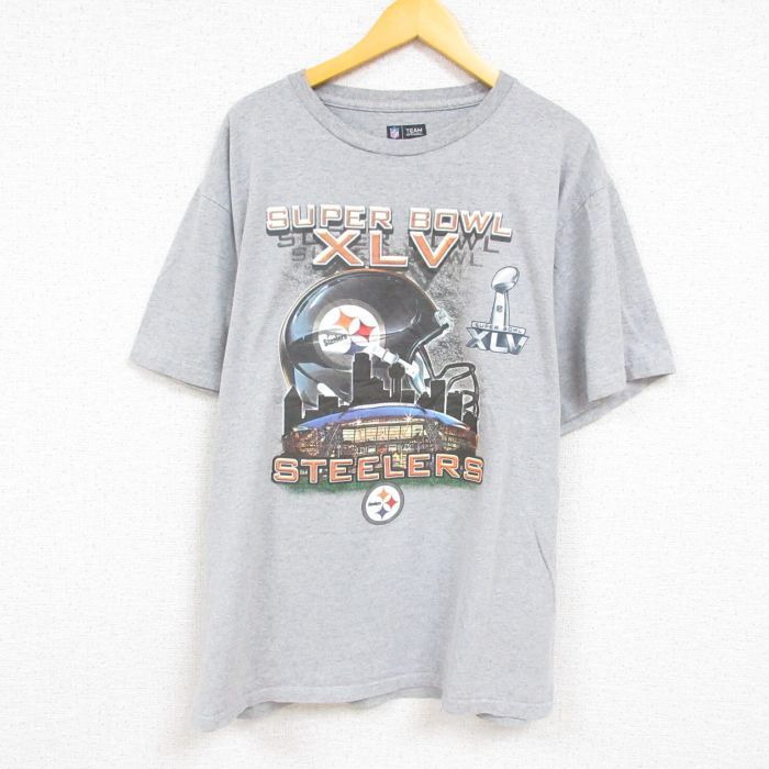 XL/古着 半袖 Tシャツ メンズ NFL ピッツバーグスティーラーズ 大きいサイズ クルーネック グレー 霜降り アメフト スーパーボウル 23m